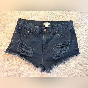 Forever 21, black distressed denim shorts with frayed hem, size 28